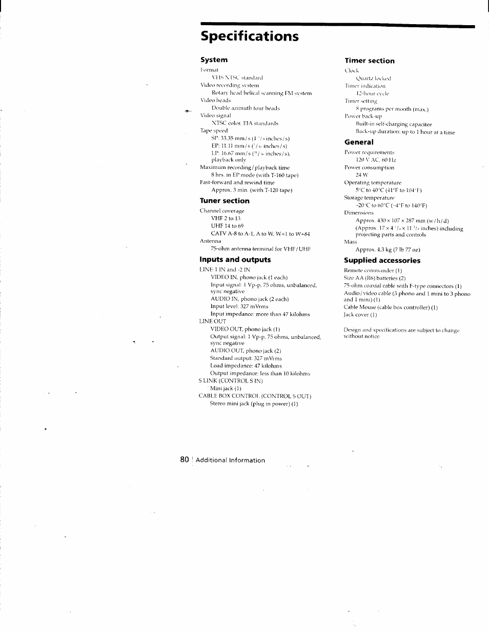 Specifications, System, Tuner section | Inputs and outputs, Timer section, General, Supplied accessories | Sony SLV-788HF User Manual | Page 80 / 88