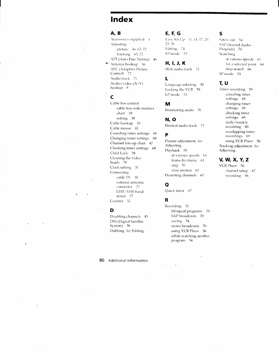 Index, T, u, A, b | E, f, g, H, i, j, k, N, o, V, w, x, y, z | Sony SLV-788HF User Manual | Page 86 / 88