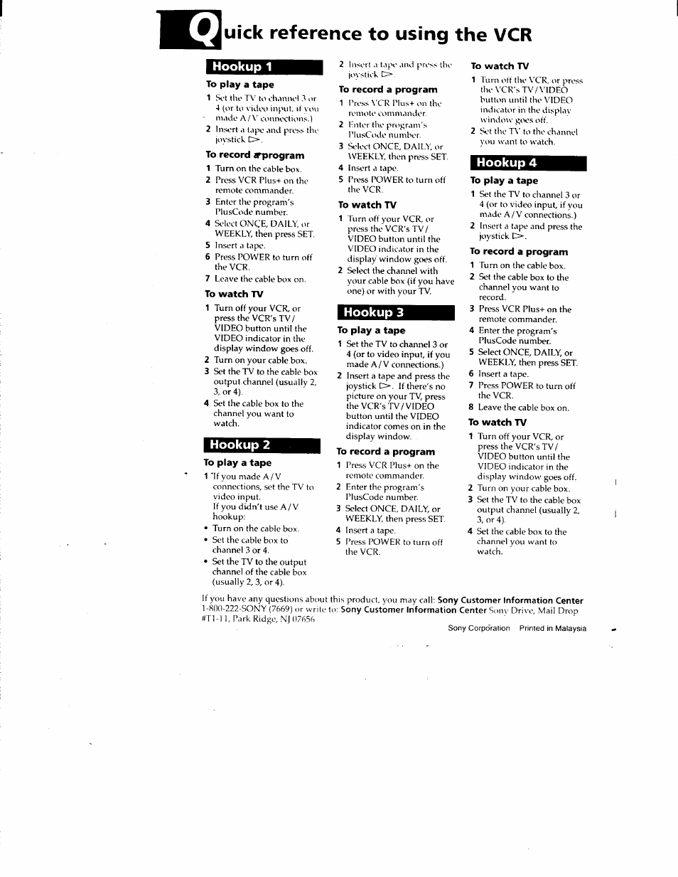 Uick reference to using the vcr, Hookup 1, To play a tape | To record arprogram, To watch tv, To record a program, Hookup 3, Hookup 2, Hookup 4, Hookup 3 hookup 2 | Sony SLV-788HF User Manual | Page 88 / 88