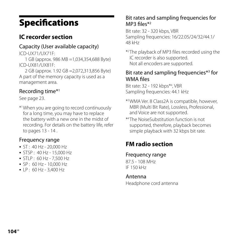Specifications | Sony ICD-UX71F User Manual | Page 104 / 112