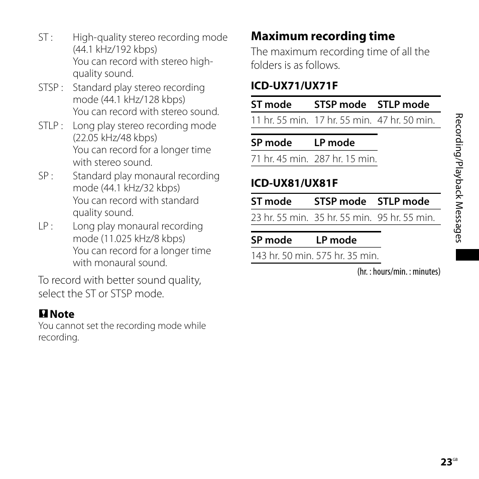 Maximum recording time | Sony ICD-UX71F User Manual | Page 23 / 112