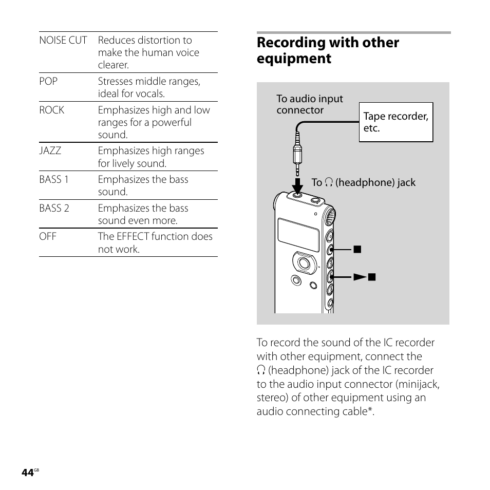 Recording with other equipment | Sony ICD-UX71F User Manual | Page 44 / 112