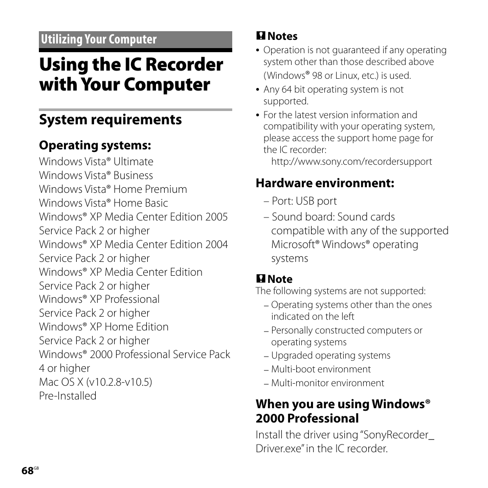 Utilizing your computer, Using the ic recorder with your computer, System requirements | Using the ic recorder with your, Computer, Operating systems, Hardware environment, When you are using windows® 000 professional | Sony ICD-UX71F User Manual | Page 68 / 112