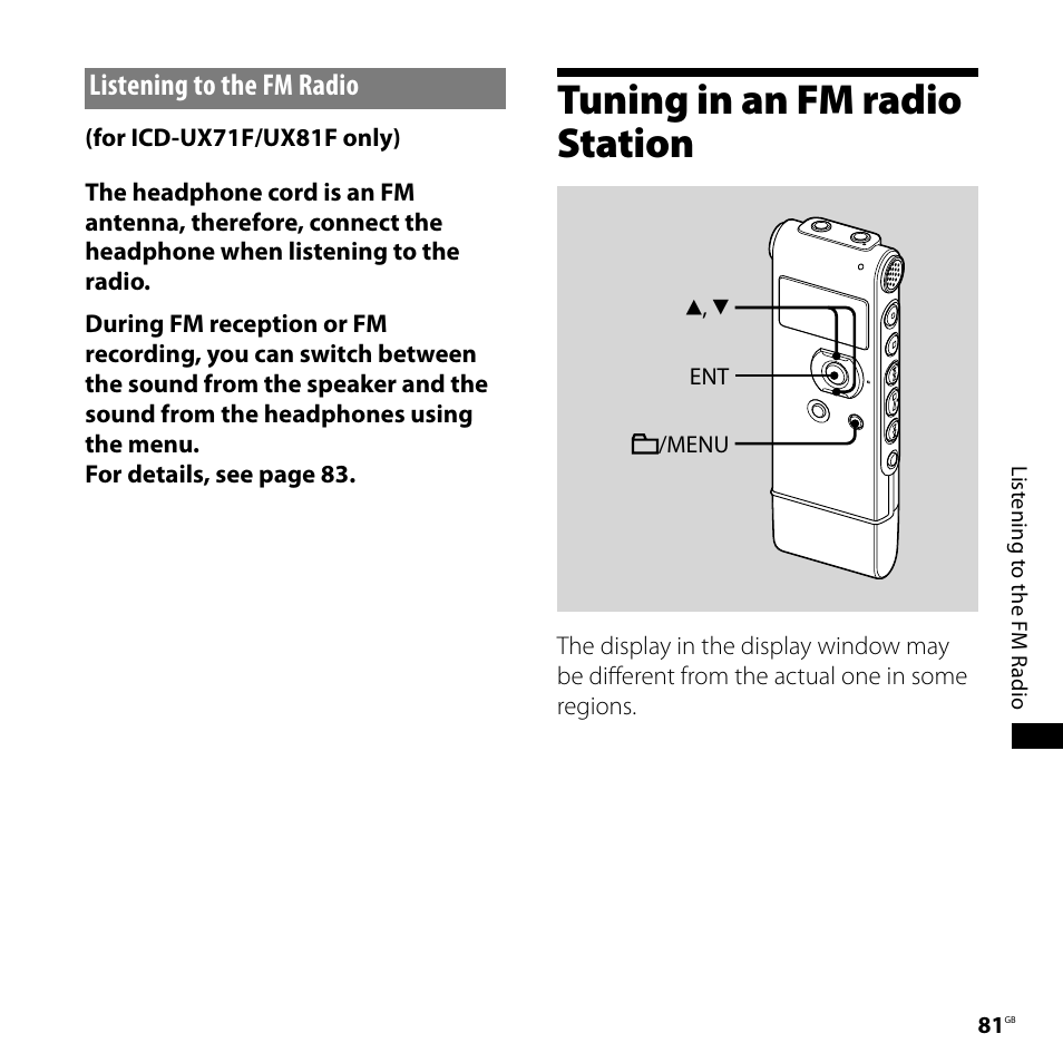 Listening to the fm radio, Tuning in an fm radio station | Sony ICD-UX71F User Manual | Page 81 / 112