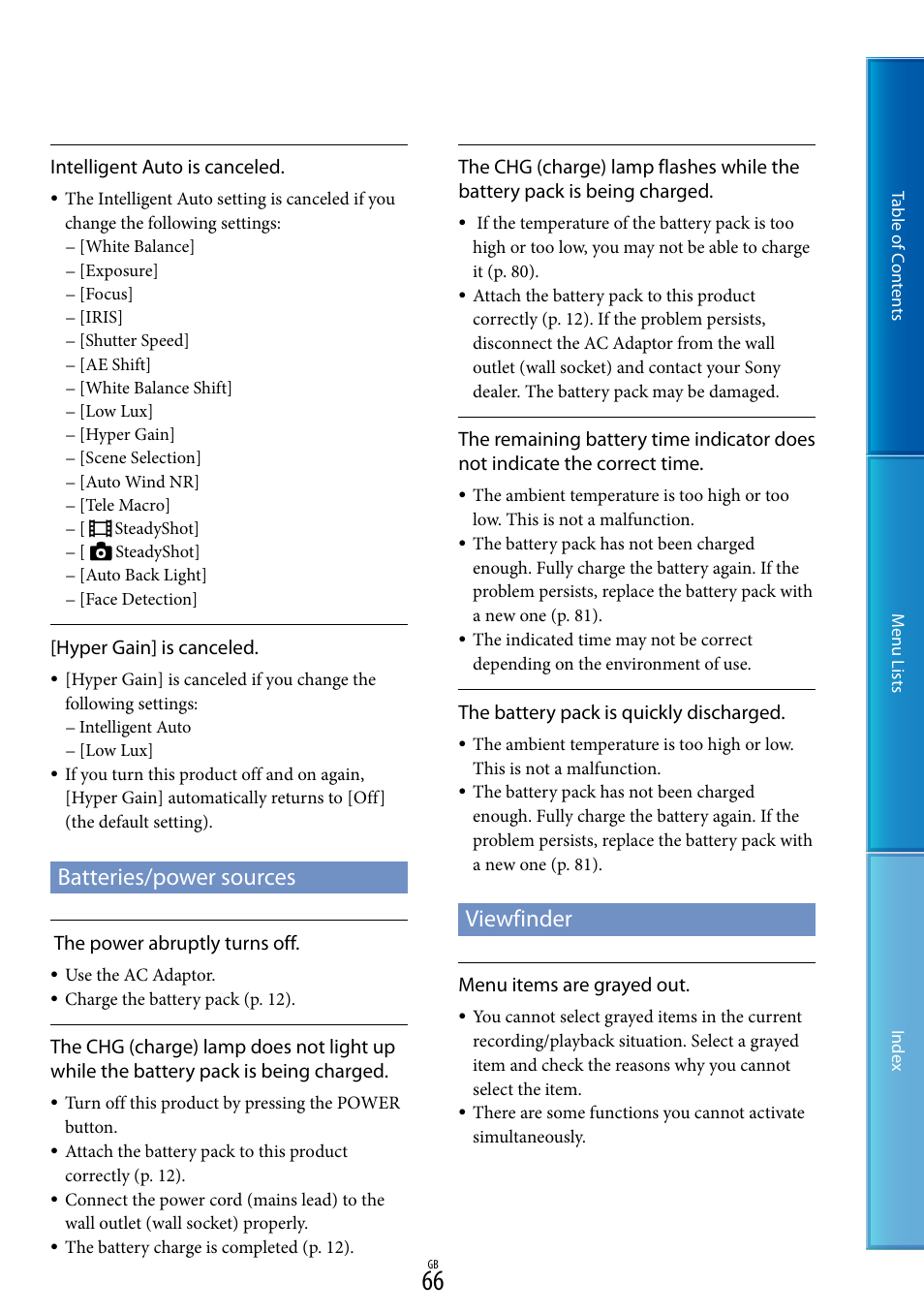 Batteries/power sources, Viewfinder | Sony DEV-50V User Manual | Page 66 / 90
