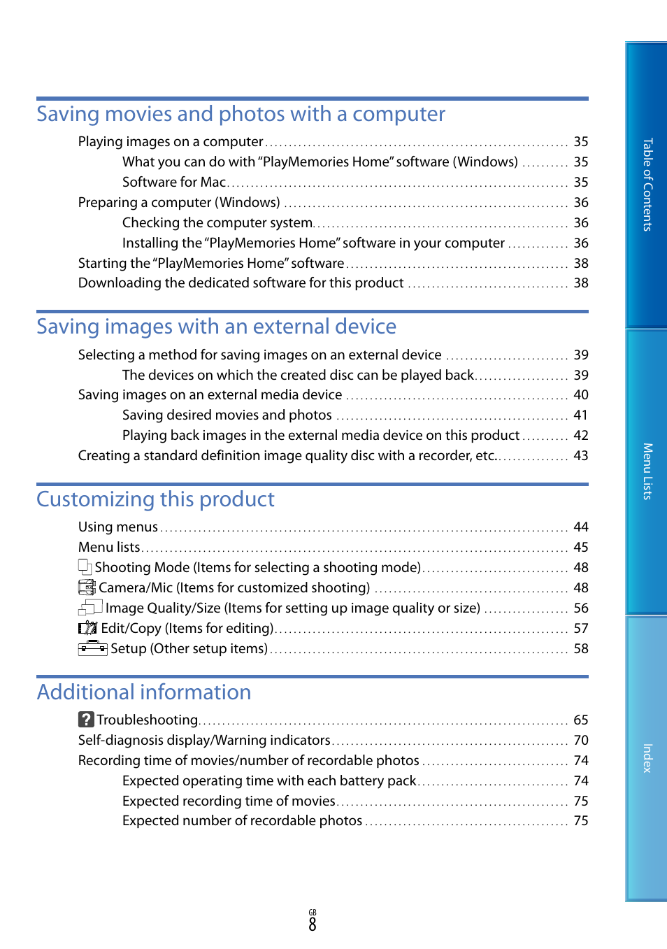 Saving movies and photos with a computer, Saving images with an external device, Customizing this product | Additional information | Sony DEV-50V User Manual | Page 8 / 90