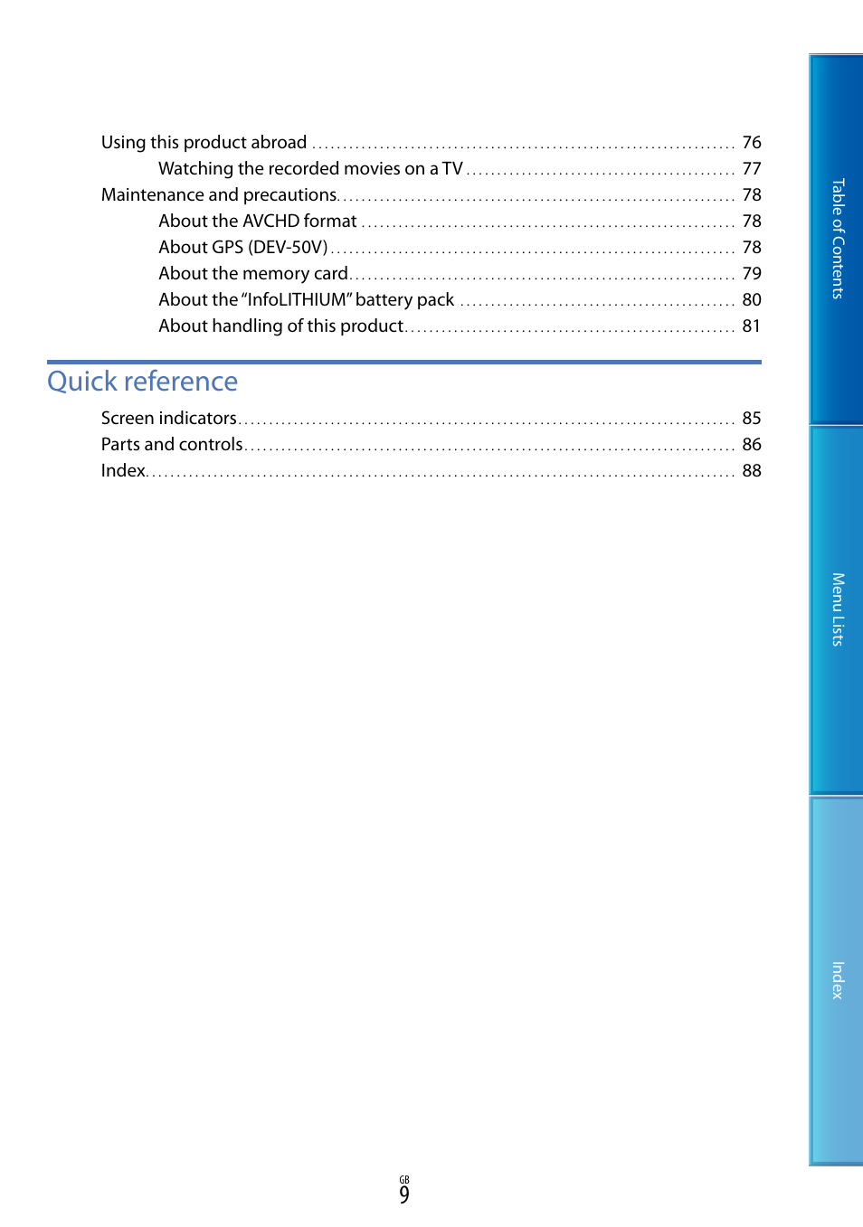 Quick reference | Sony DEV-50V User Manual | Page 9 / 90