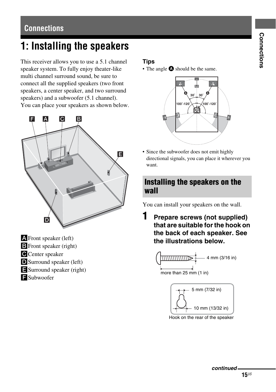 Connections, Installing the speakers, Connections installing the speakers on the wall | Sony HT-SS380 User Manual | Page 15 / 108