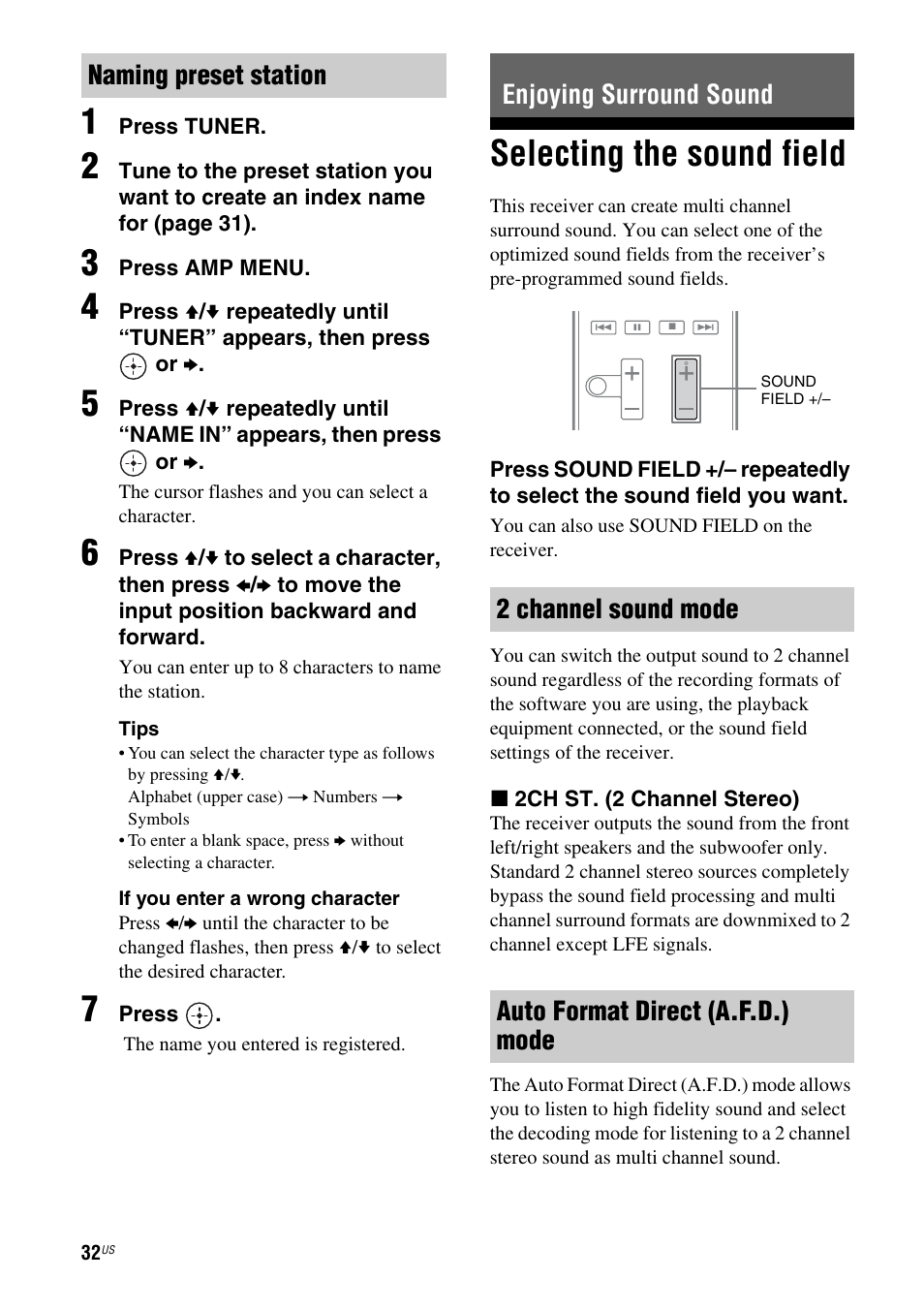 Enjoying surround sound, Selecting the sound field | Sony HT-SS380 User Manual | Page 32 / 108