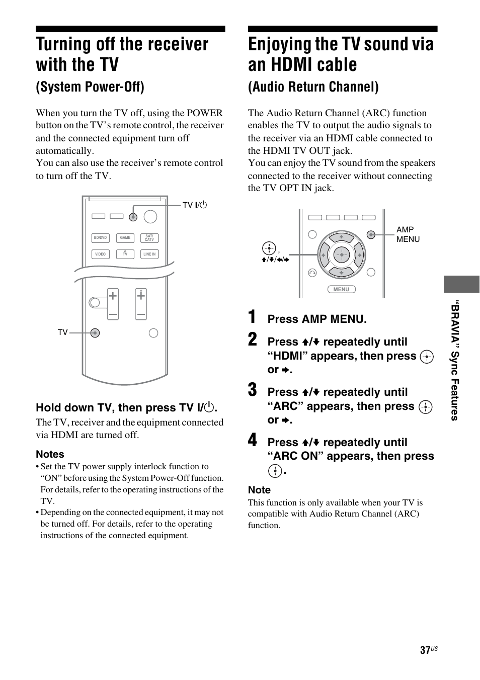 Turning off the receiver with the tv, System power-off), Enjoying the tv sound via an hdmi cable | Audio return channel) | Sony HT-SS380 User Manual | Page 37 / 108
