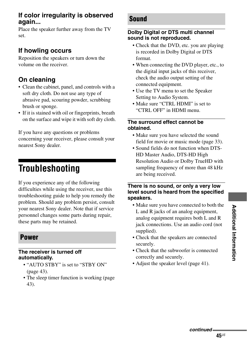Troubleshooting, Power sound | Sony HT-SS380 User Manual | Page 45 / 108