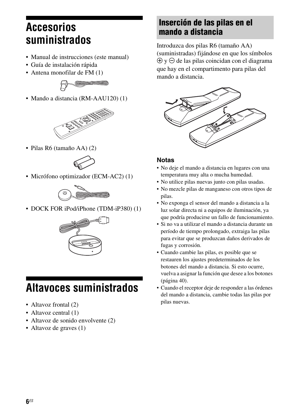 Accesorios suministrados, Altavoces suministrados, Accesorios suministrados altavoces suministrados | Inserción de las pilas en el mando a distancia | Sony HT-SS380 User Manual | Page 56 / 108