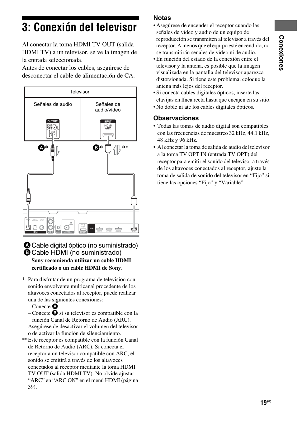 Conexión del televisor, Inas 19 y 22), B* a | Cone xiones, Notas, Observaciones | Sony HT-SS380 User Manual | Page 69 / 108
