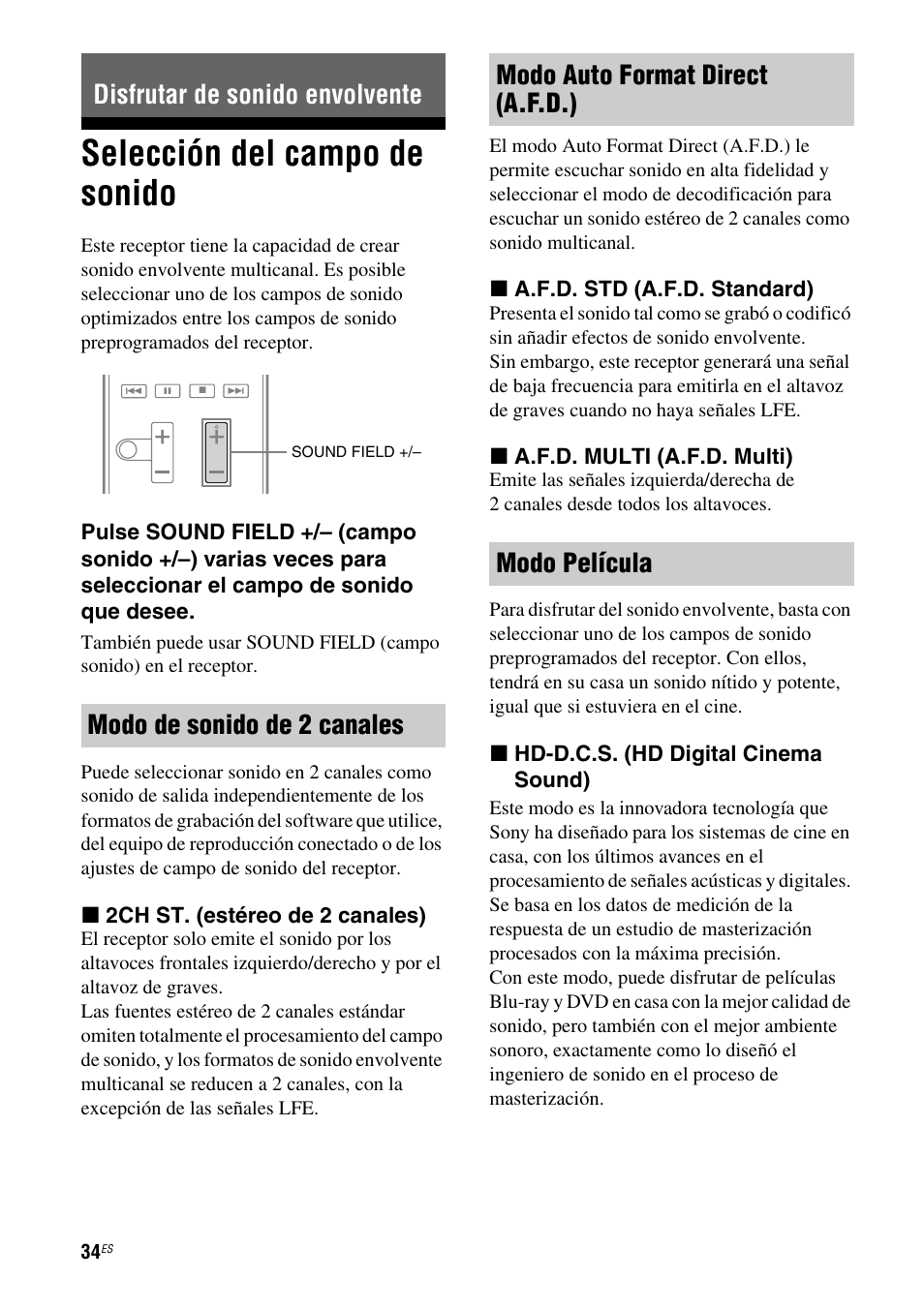 Disfrutar de sonido envolvente, Selección del campo de sonido, Modo auto format direct (a.f.d.) modo película | Sony HT-SS380 User Manual | Page 84 / 108