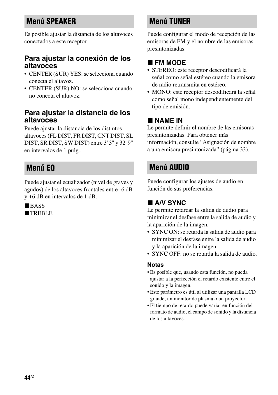 Menú speaker menú eq menú tuner menú audio | Sony HT-SS380 User Manual | Page 94 / 108