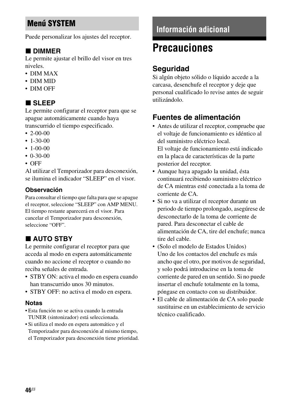 Información adicional, Precauciones, Menú system información adicional | Sony HT-SS380 User Manual | Page 96 / 108