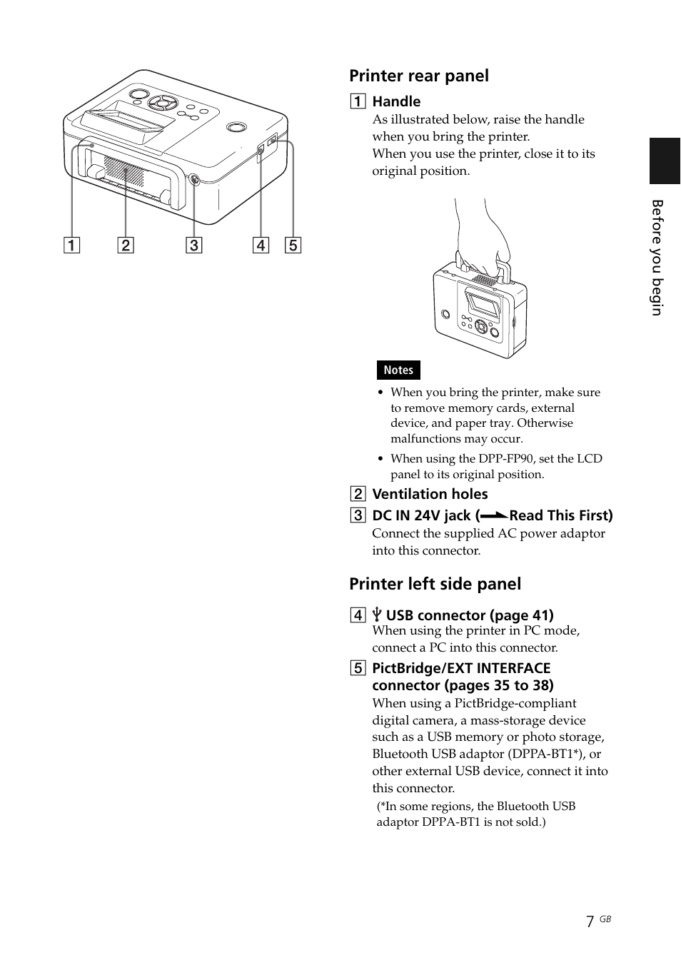 Handle, Rear panel, Printer rear panel | Printer left side panel | Sony DPP-FP70 User Manual | Page 7 / 84