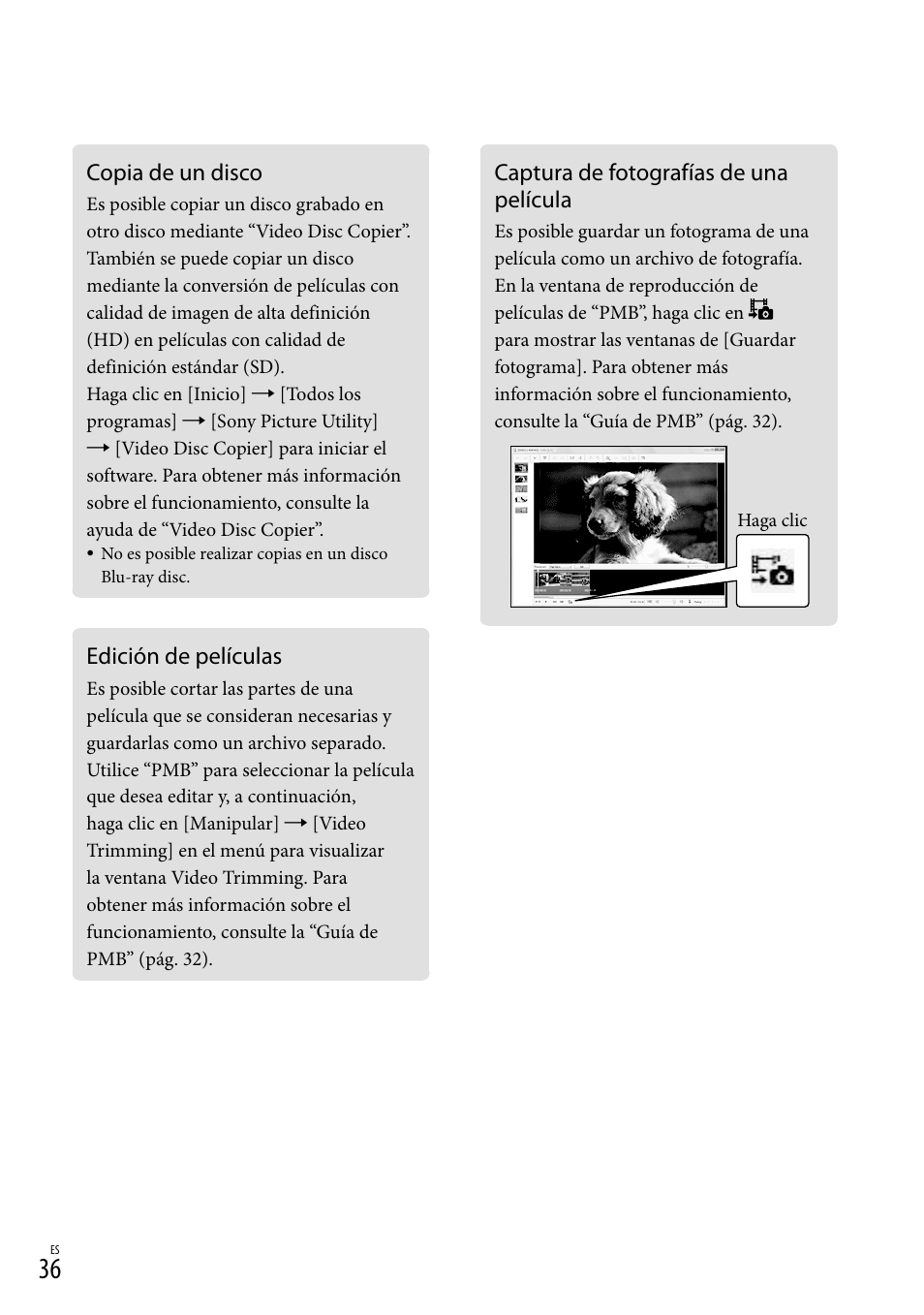 Copia de un disco, Edición de películas, Captura de fotografías de una película | Sony HDR-TG5V User Manual | Page 102 / 135