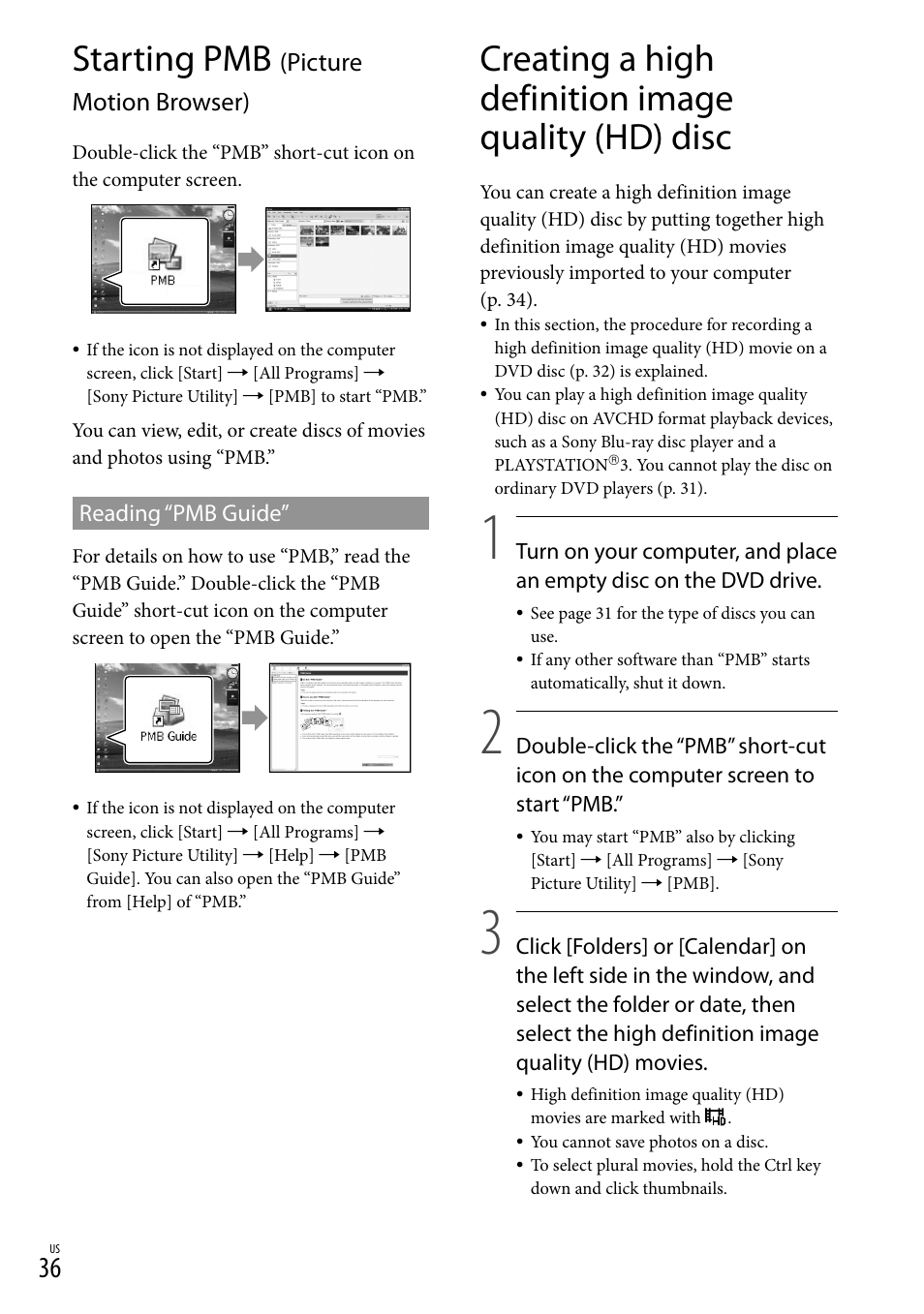 Starting pmb (picture motion browser), Creating a high definition image quality (hd) disc, 36) o | Starting pmb, Picture motion browser) | Sony HDR-TG5V User Manual | Page 36 / 135