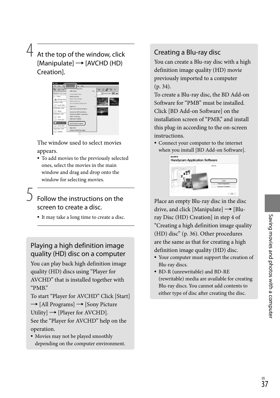 Creating a blu-ray disc | Sony HDR-TG5V User Manual | Page 37 / 135