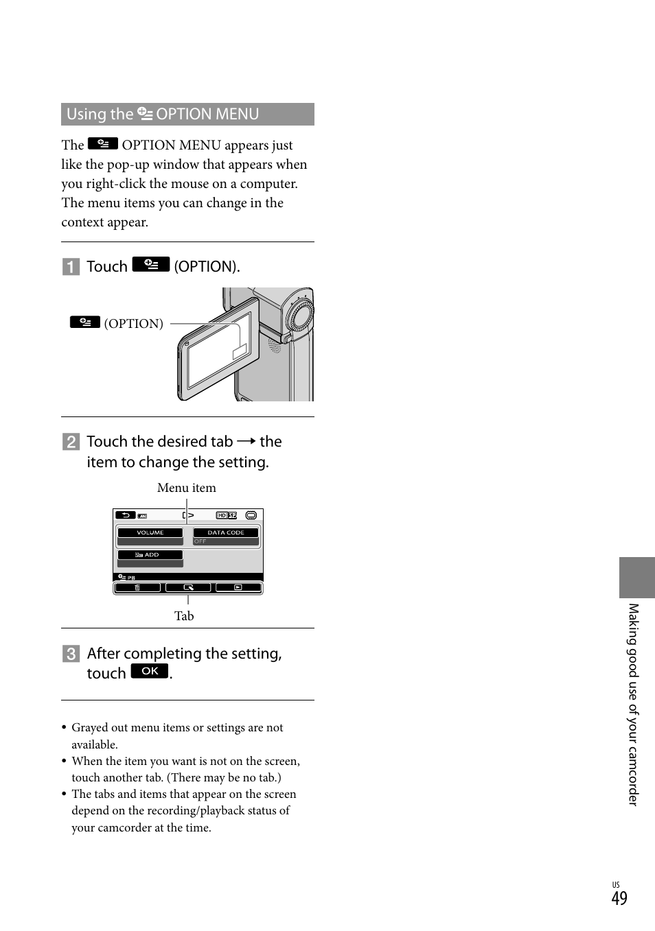Using the option menu | Sony HDR-TG5V User Manual | Page 49 / 135