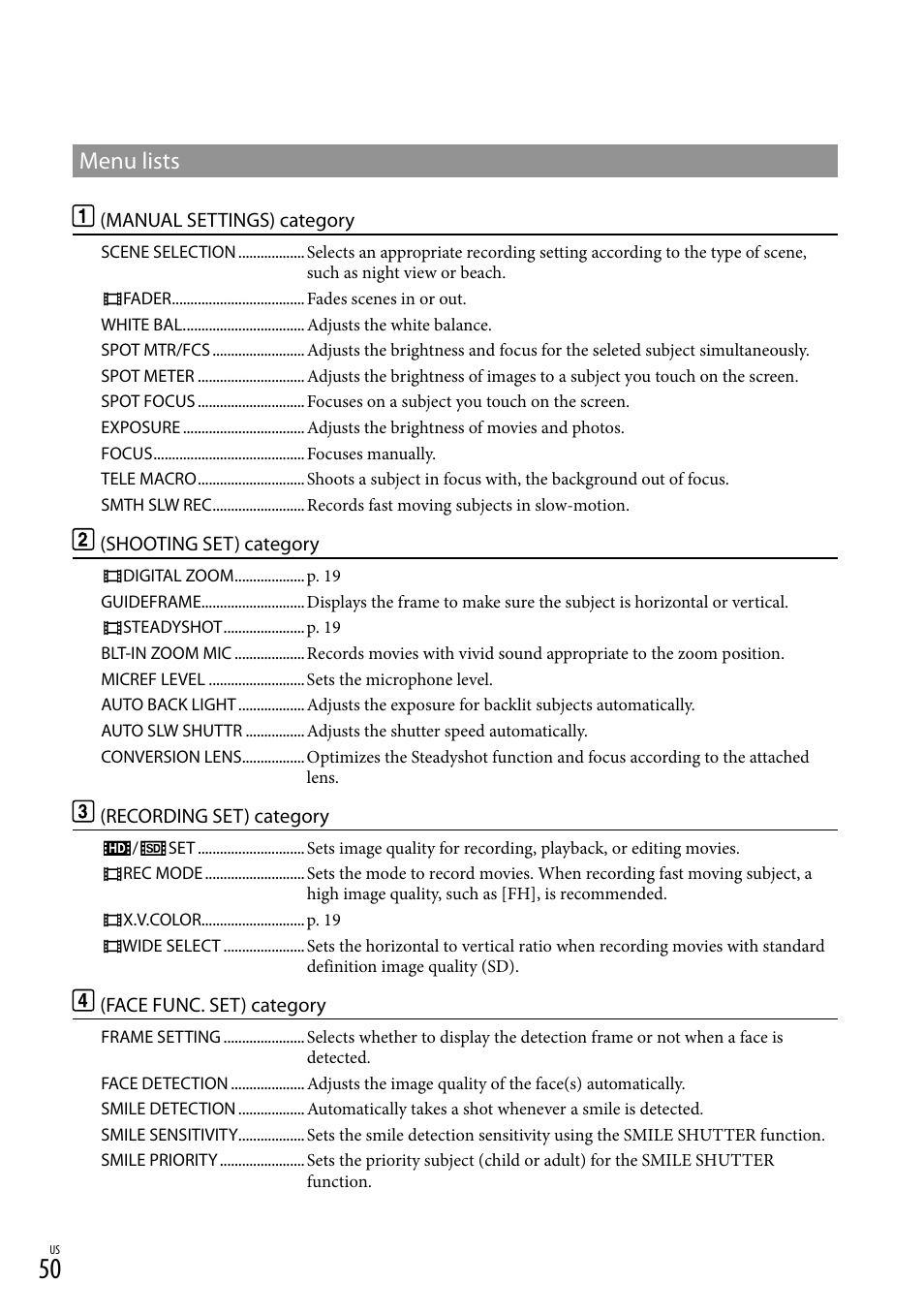 Menu lists | Sony HDR-TG5V User Manual | Page 50 / 135