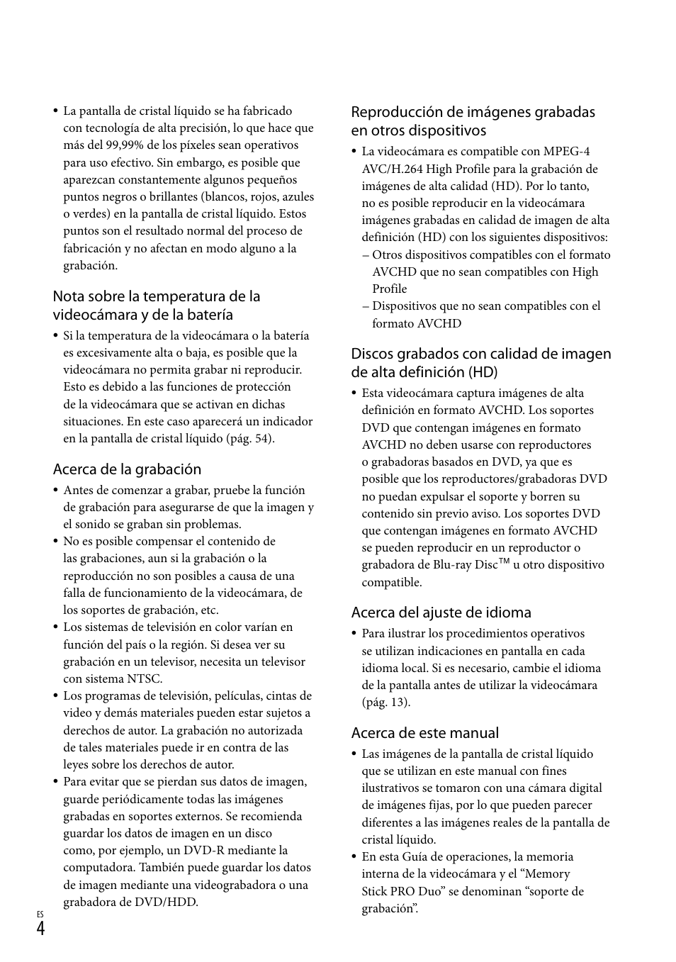 Acerca de la grabación, Acerca del ajuste de idioma, Acerca de este manual | Sony HDR-TG5V User Manual | Page 70 / 135
