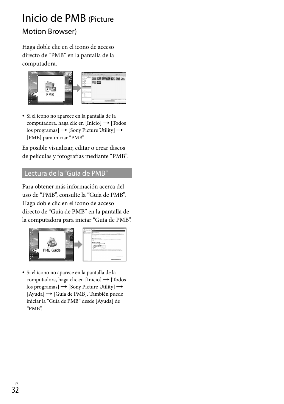 Inicio de pmb (picture motion browser), Inicio de pmb, Picture motion browser) | Sony HDR-TG5V User Manual | Page 98 / 135