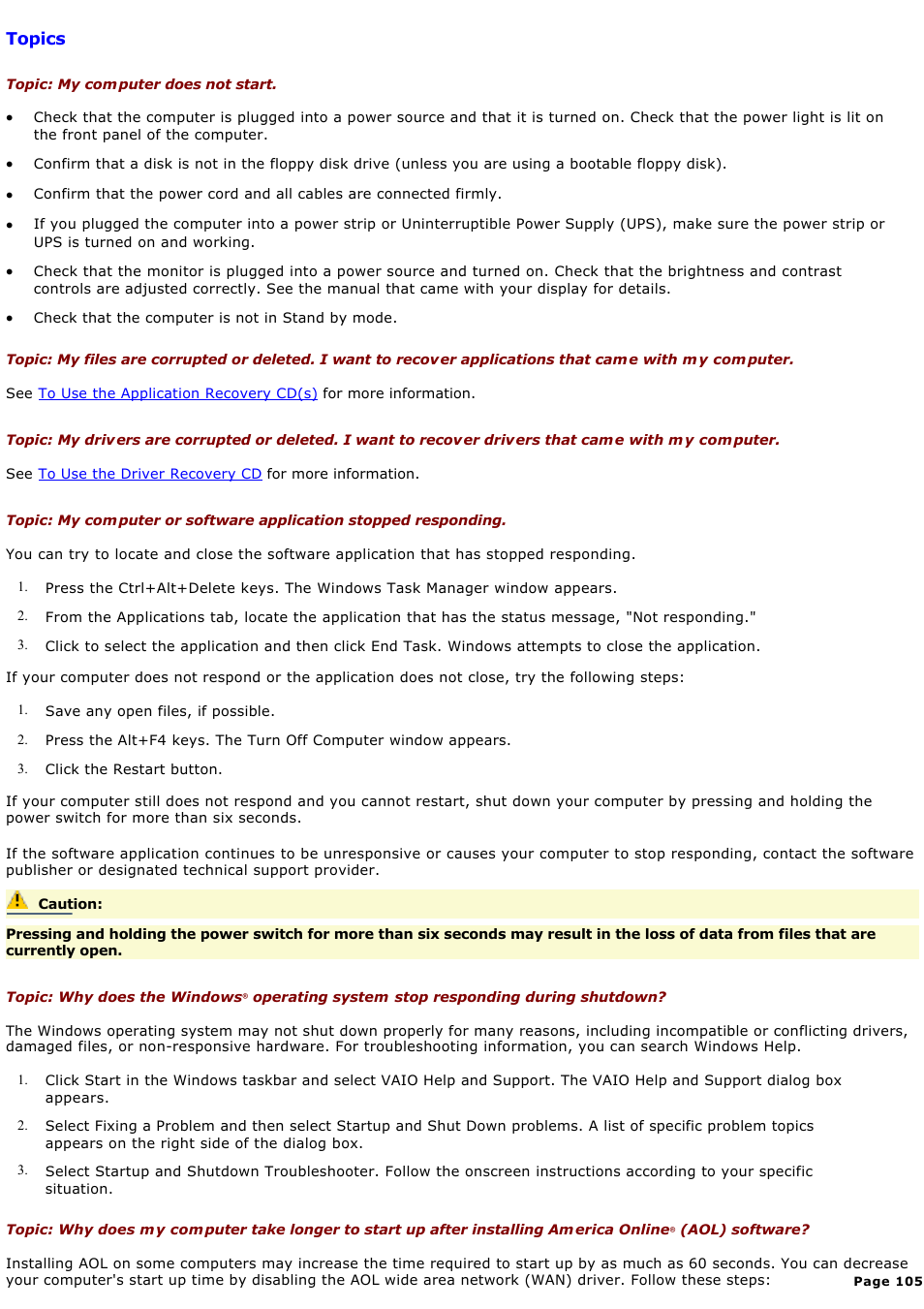 Topics | Sony PCV-LX920 User Manual | Page 105 / 140