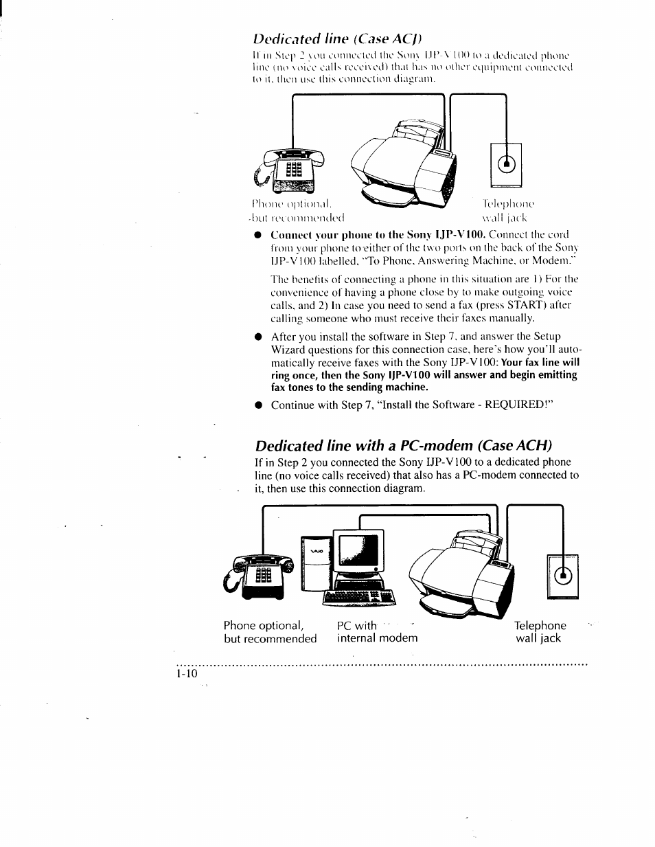 Dedicated line (caseacf), Dedicated line with a pc-modem (case ach) | Sony IJP-V100 User Manual | Page 16 / 106