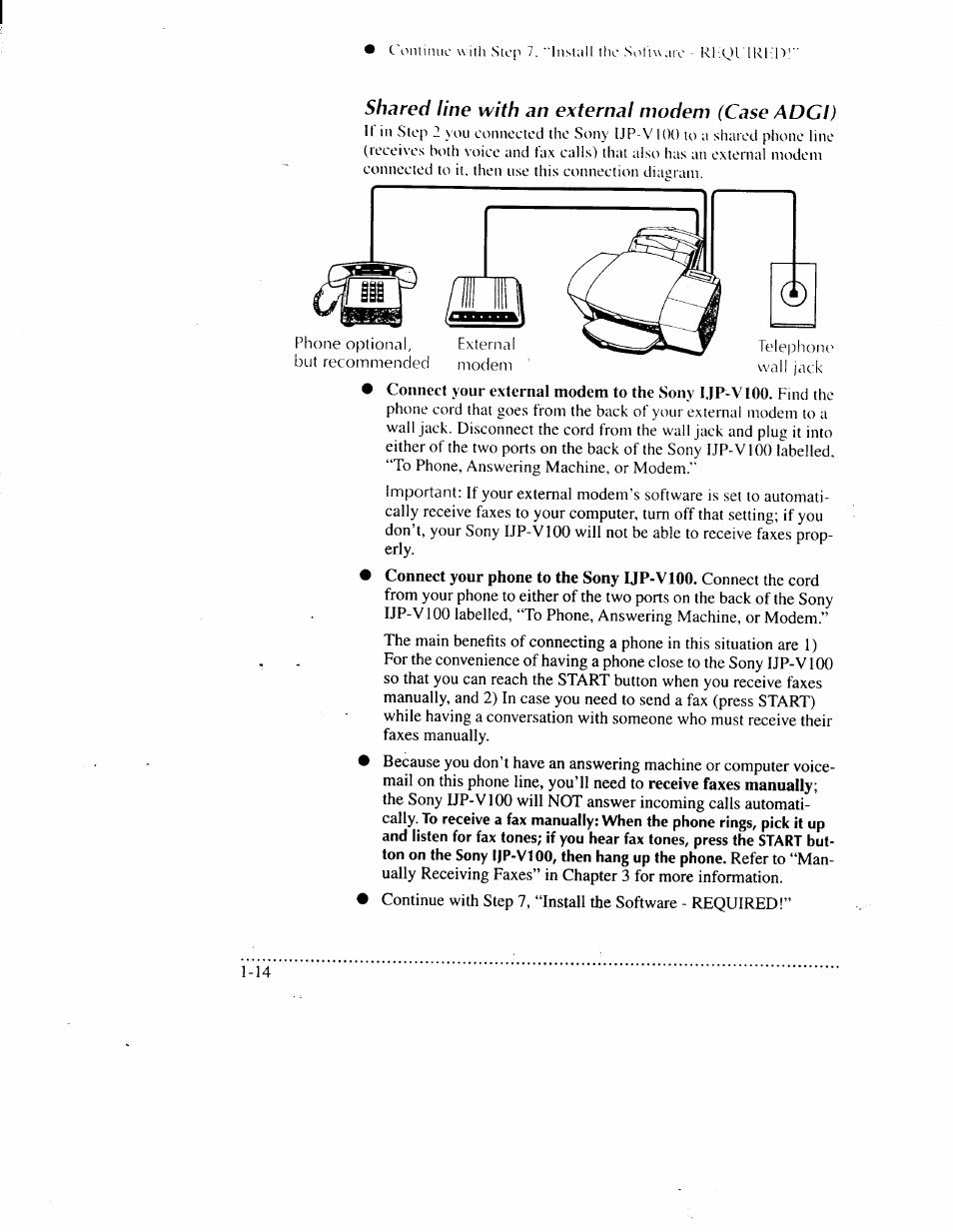 Shared line with an external modem (case adci) | Sony IJP-V100 User Manual | Page 20 / 106