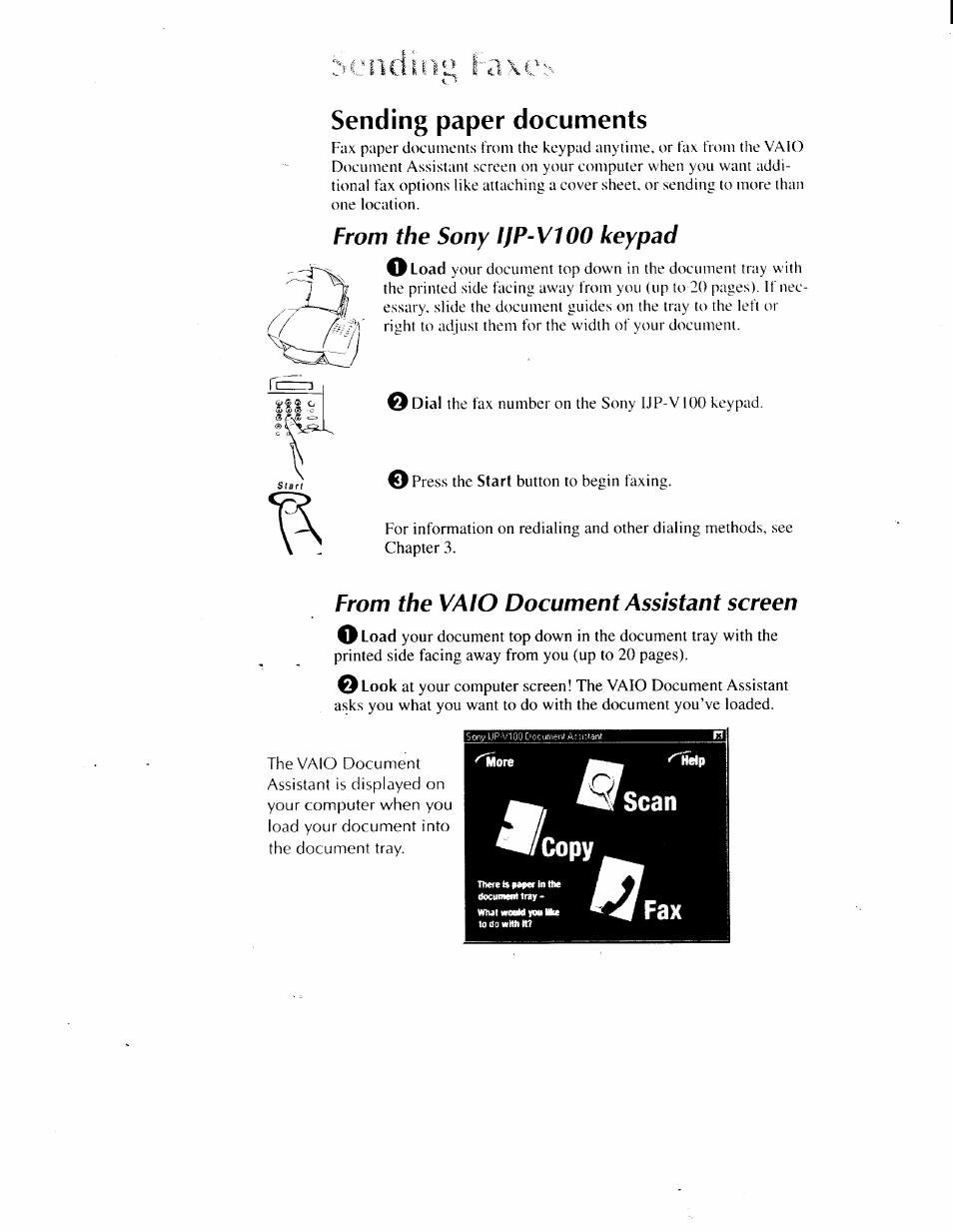 Sending paper documents, From the sony ijp-v100 keypad, From the vaio document assistant screen | Oiielp, Scan, Sending a paper doeunieni -2, Mcofny | Sony IJP-V100 User Manual | Page 34 / 106