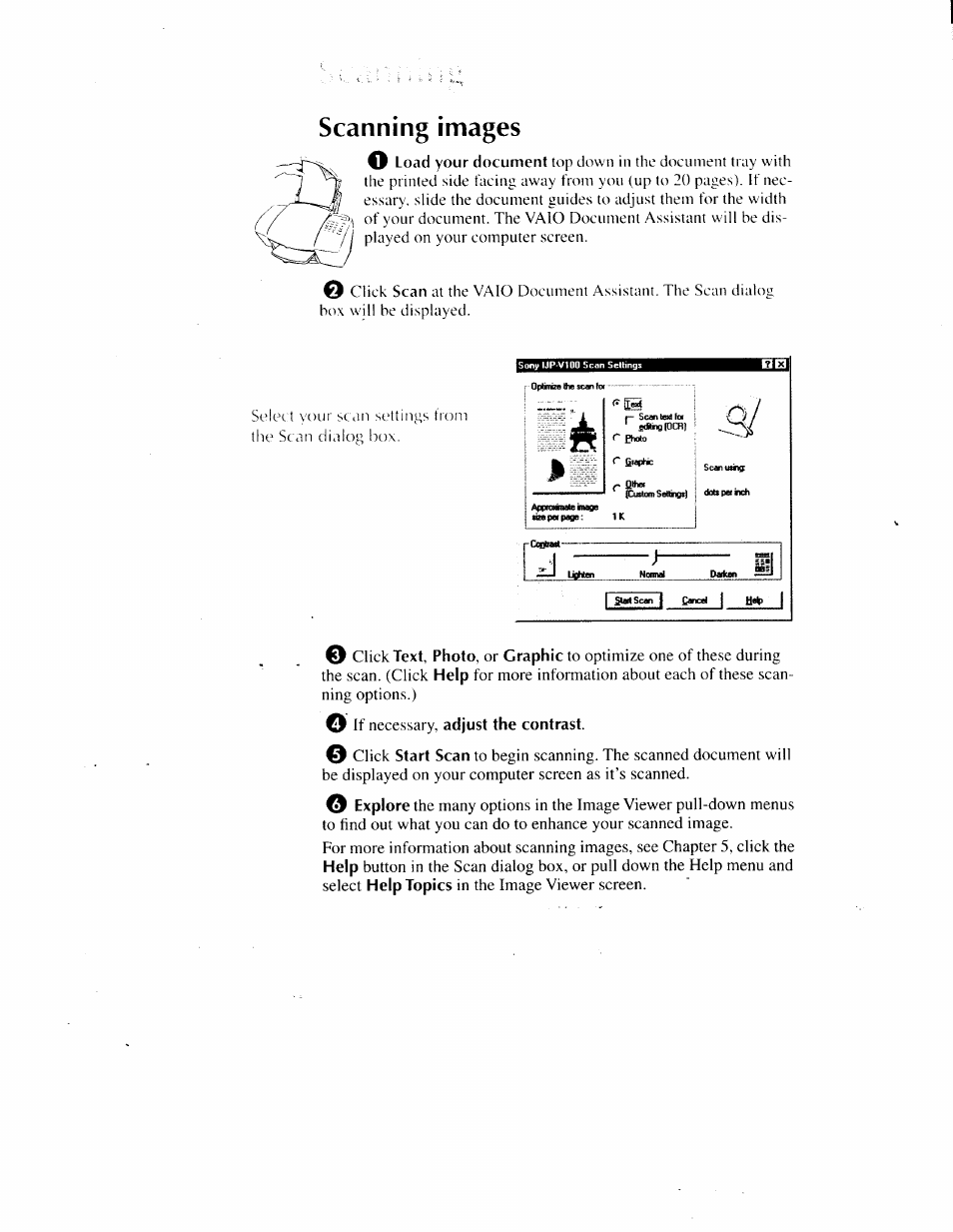 Scanning images, Scanning images -6, Load your document | Scan, Text, photo, Graphic, Help, Adjust the contrast, Start scan, O explore | Sony IJP-V100 User Manual | Page 38 / 106