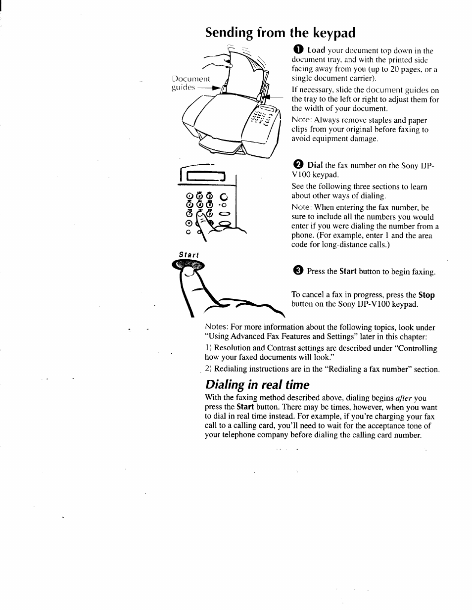 Sending from the keypad, Dialing in real time, Copying from the keypad -3 | Start | Sony IJP-V100 User Manual | Page 44 / 106