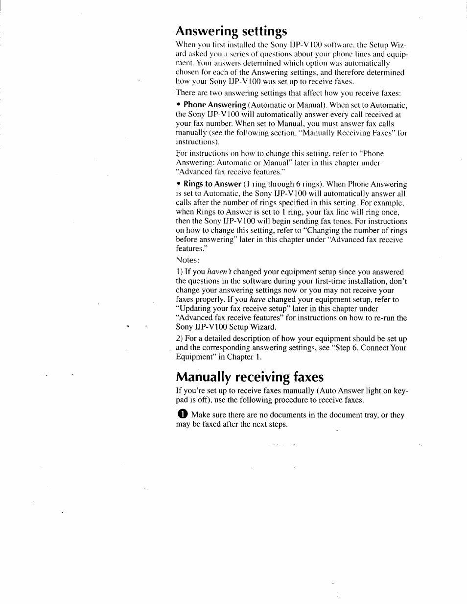 Answering settings, Manually receiving faxes, Answering settings -9 | Manually receiving faxes -9 | Sony IJP-V100 User Manual | Page 50 / 106