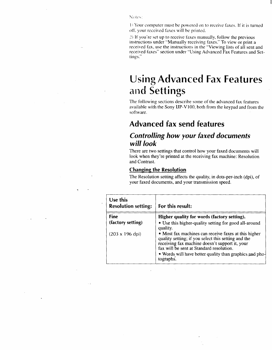 Advanced fax send features, Controlling how your faxed documents will look, Changing the resolution | Advanced fax send features -11, Using advanced fax features and settings | Sony IJP-V100 User Manual | Page 52 / 106