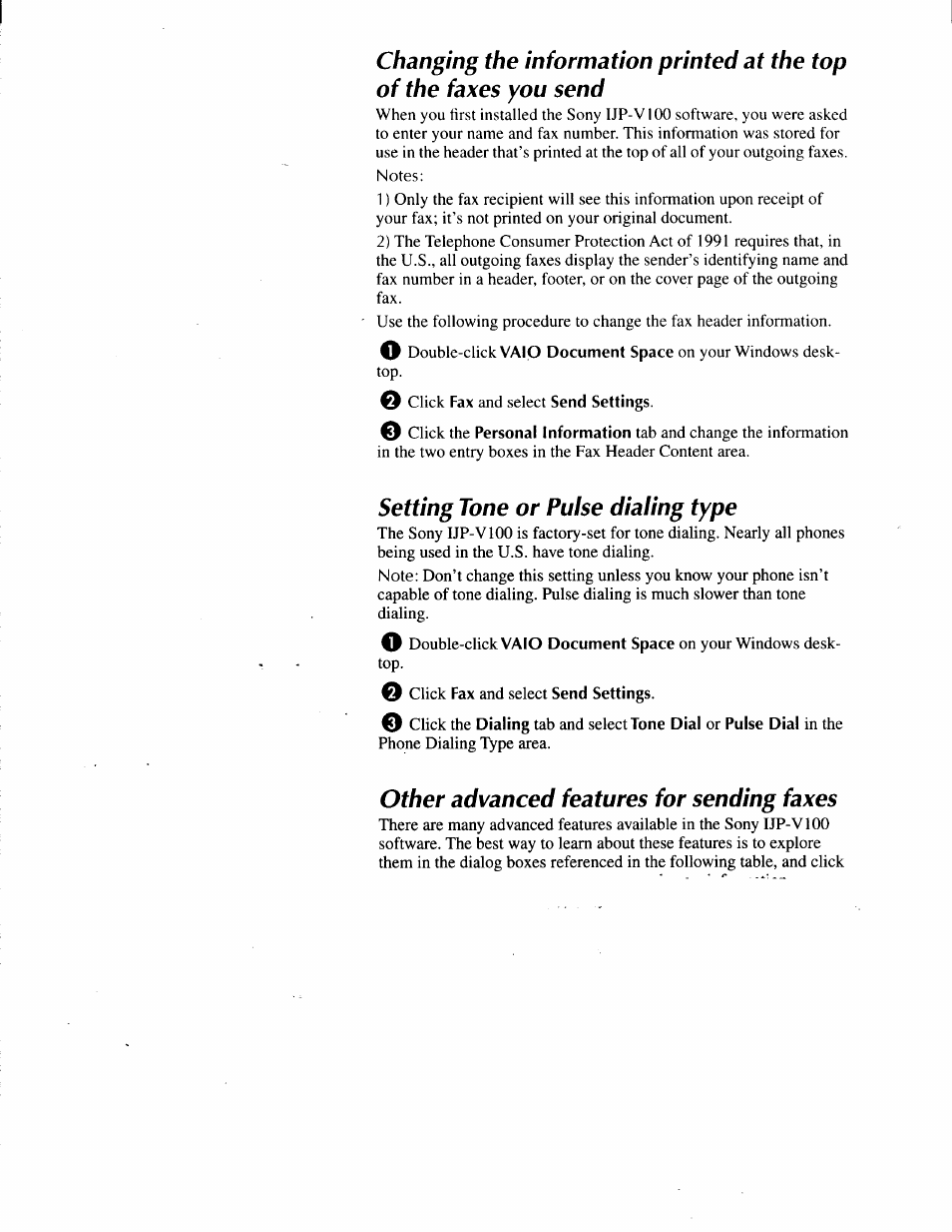 Setting tone or pulse dialing type, Other advanced features for sending faxes | Sony IJP-V100 User Manual | Page 60 / 106