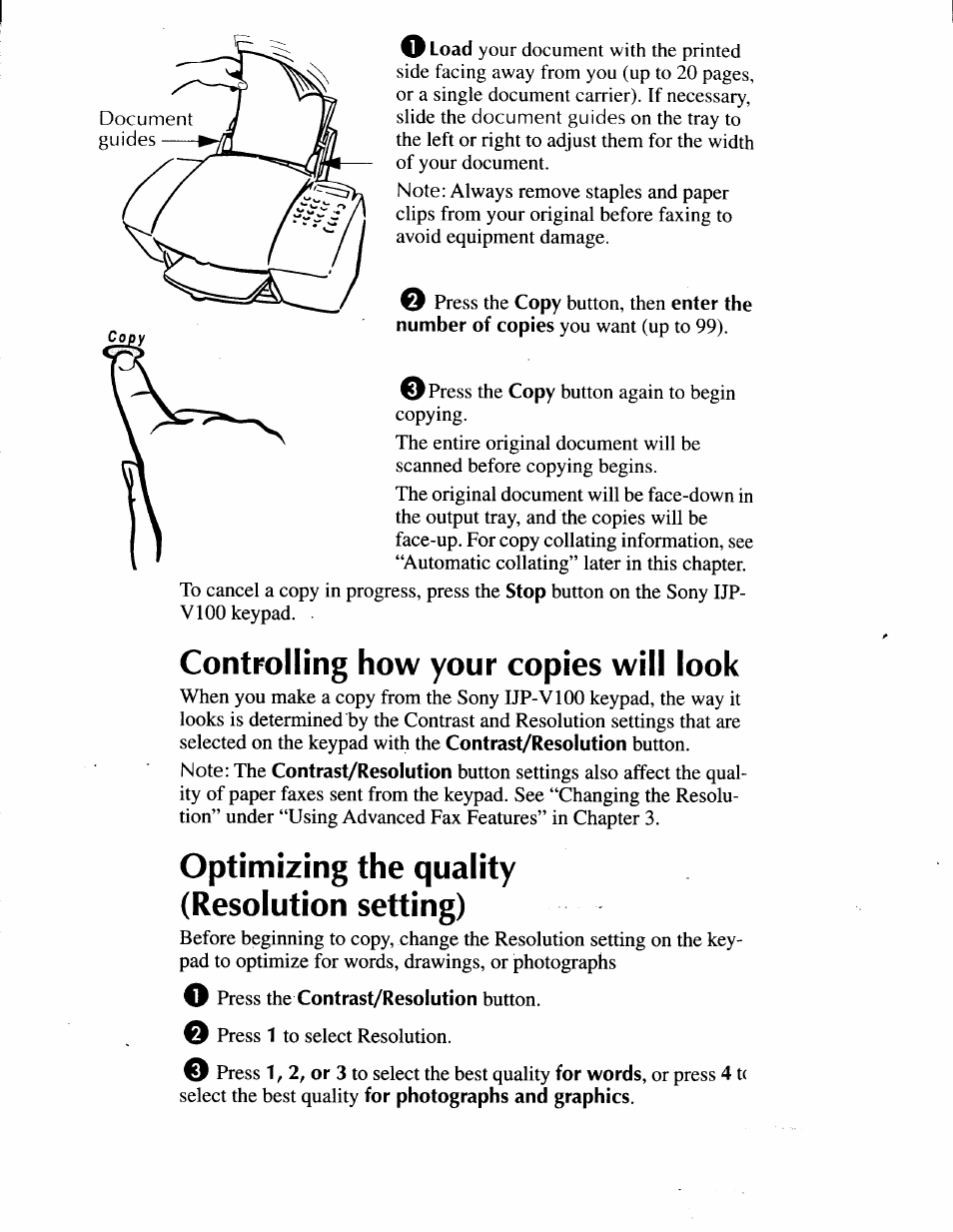 Controlling how your copies will look, Optimizing the quality (resolution setting), Controlling how your copies will look -4 | Optimizing the quality (resolution setting) -4 | Sony IJP-V100 User Manual | Page 72 / 106