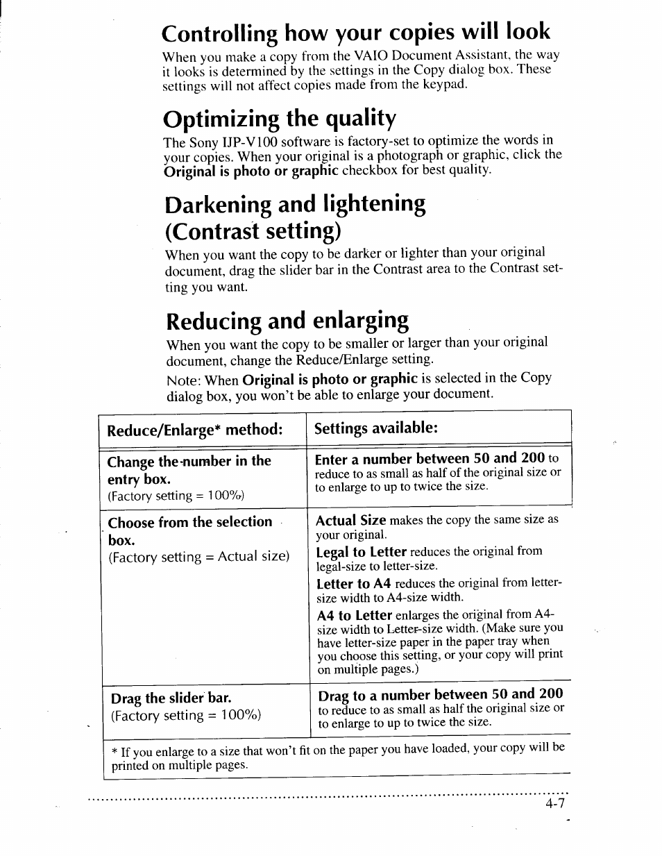 Controlling how your copies will look, Optimizing the quality, Darkening and lightening (contrast setting) | Reducing and enlarging, Controlling how your copies will look -7, Optimizing the quality -7, Darkening and lightening (contrast setting) -7, Reducing and enlarging -7 | Sony IJP-V100 User Manual | Page 75 / 106
