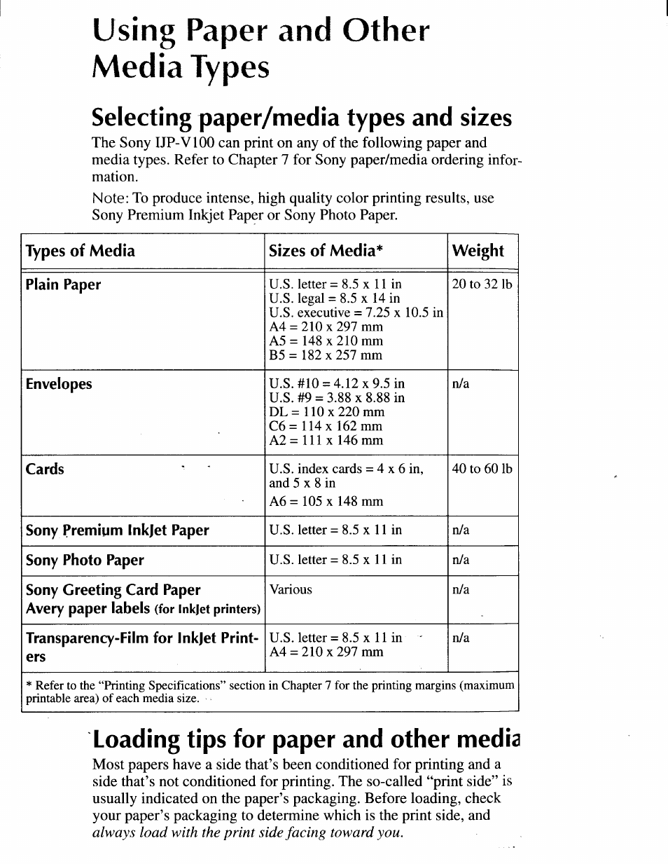 Using paper and other media types, Selecting paper/media types and sizes, Loading tips for paper and other media | Using paper and other media types -2, Selecting paper/media types and sizes -2, Loading tips for paper and other media -2 | Sony IJP-V100 User Manual | Page 86 / 106