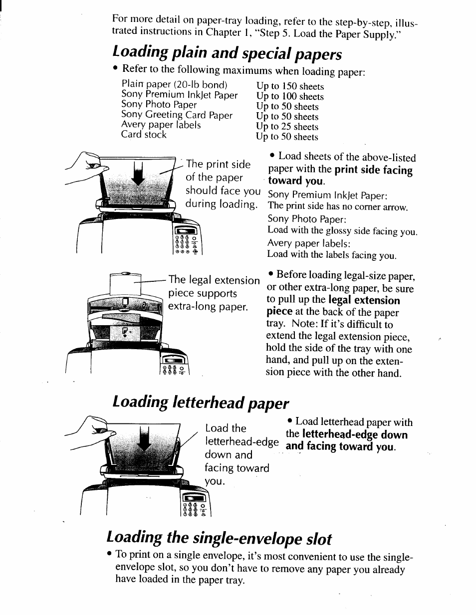 Loading plain and special papers, Loading letterhead paper, Loading the single-envelope slot | Sony IJP-V100 User Manual | Page 87 / 106