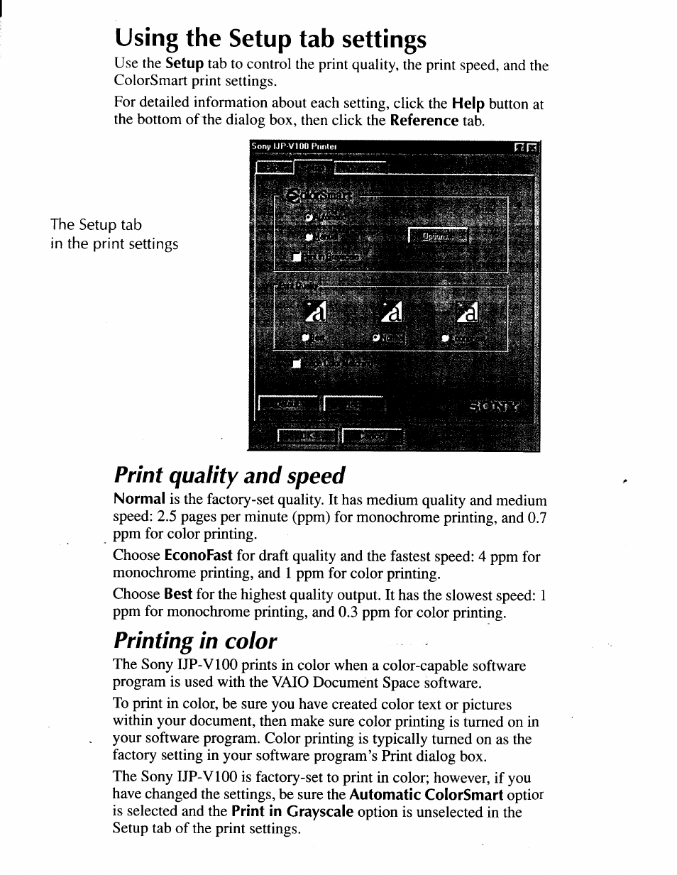 Using the setup tab settings, Using the setup tab settings -6, Print quality and speed | Printing in color | Sony IJP-V100 User Manual | Page 90 / 106