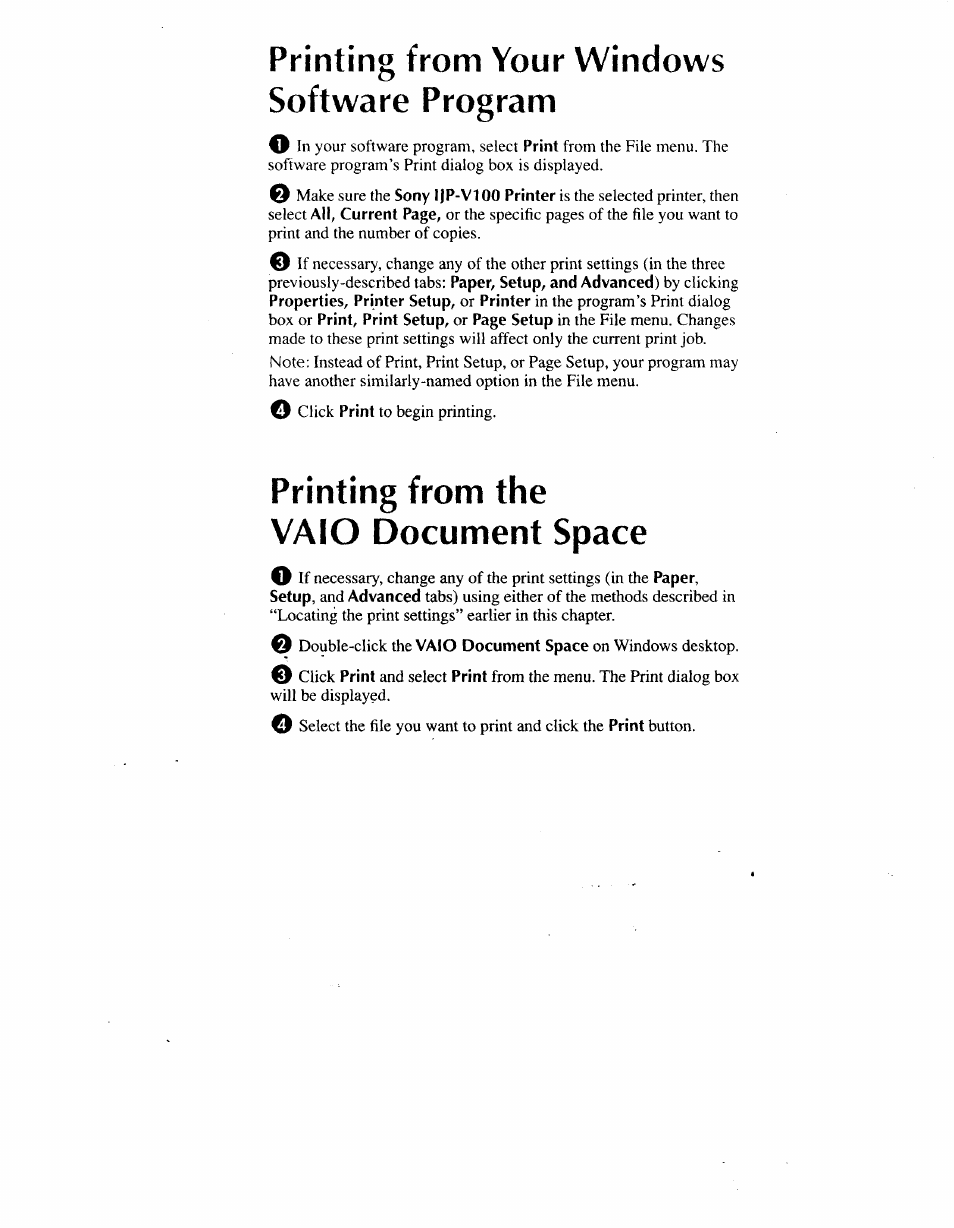 Printing from your windows software program, Printing from the vaio document space, Scanning from the vaio document assistant -2 | Printing from your windows software program -8 | Sony IJP-V100 User Manual | Page 92 / 106