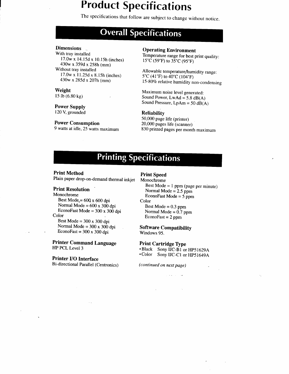 Product specifications, Product specifications -2, Overall specifications 1 | Printing specifications | Sony IJP-V100 User Manual | Page 94 / 106