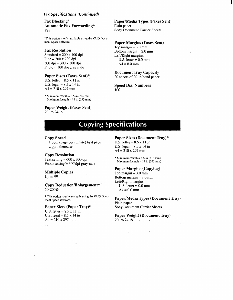 Paper/media types (faxes sent), Fax resolution, Paper sizes (faxes sent) | Paper weight (faxes sent), Paper margins (faxes sent), Document tray capacity, Speed dial numbers, Copying specifications, Copy speed, Copy resolution | Sony IJP-V100 User Manual | Page 96 / 106