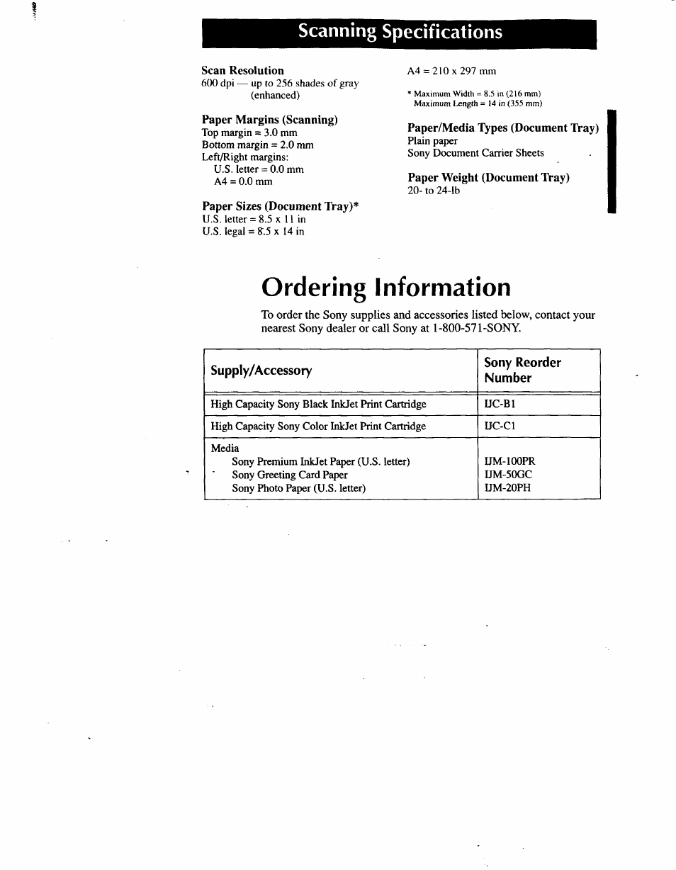Scanning specifications, Scan resolution, Paper margins (scanning) | Ordering information, Scan n i ng s pec i ficai ions -5, Ordering informalion -5 | Sony IJP-V100 User Manual | Page 97 / 106