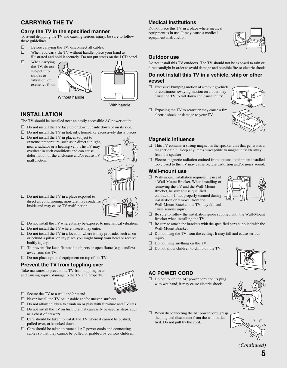 Carrying the tv, Installation, Continued) | Sony KDL-19M4000 User Manual | Page 5 / 44