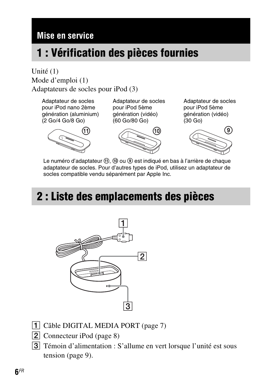 Mise en service, 1 : vérification des pièces fournies, 2 : liste des emplacements des pièces | 1 : vérification des pièces, Fournies, 2 : liste des emplacements des, Pièces | Sony DAV-HDX279W User Manual | Page 18 / 40