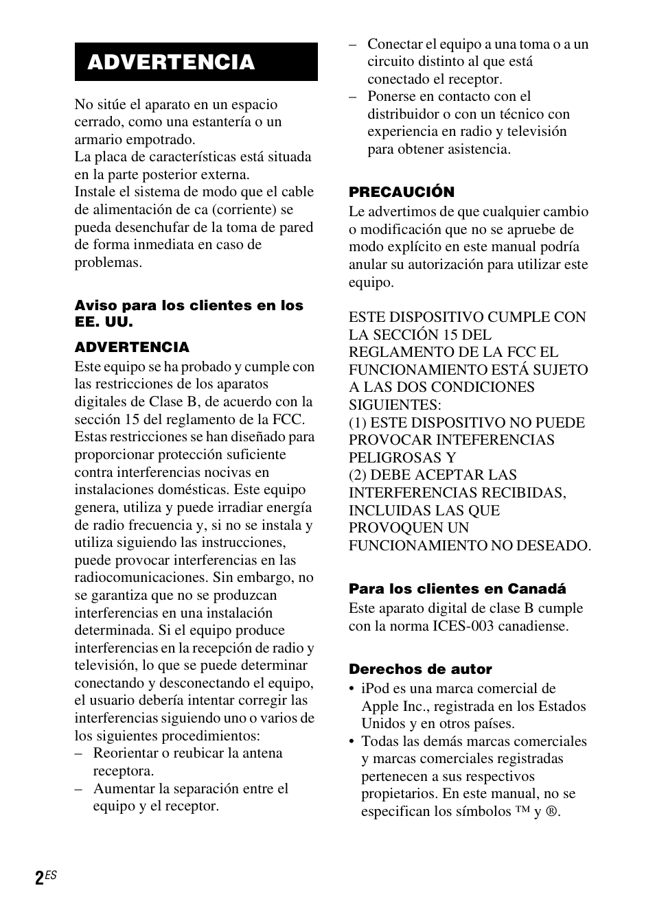 Advertencia | Sony DAV-HDX279W User Manual | Page 26 / 40