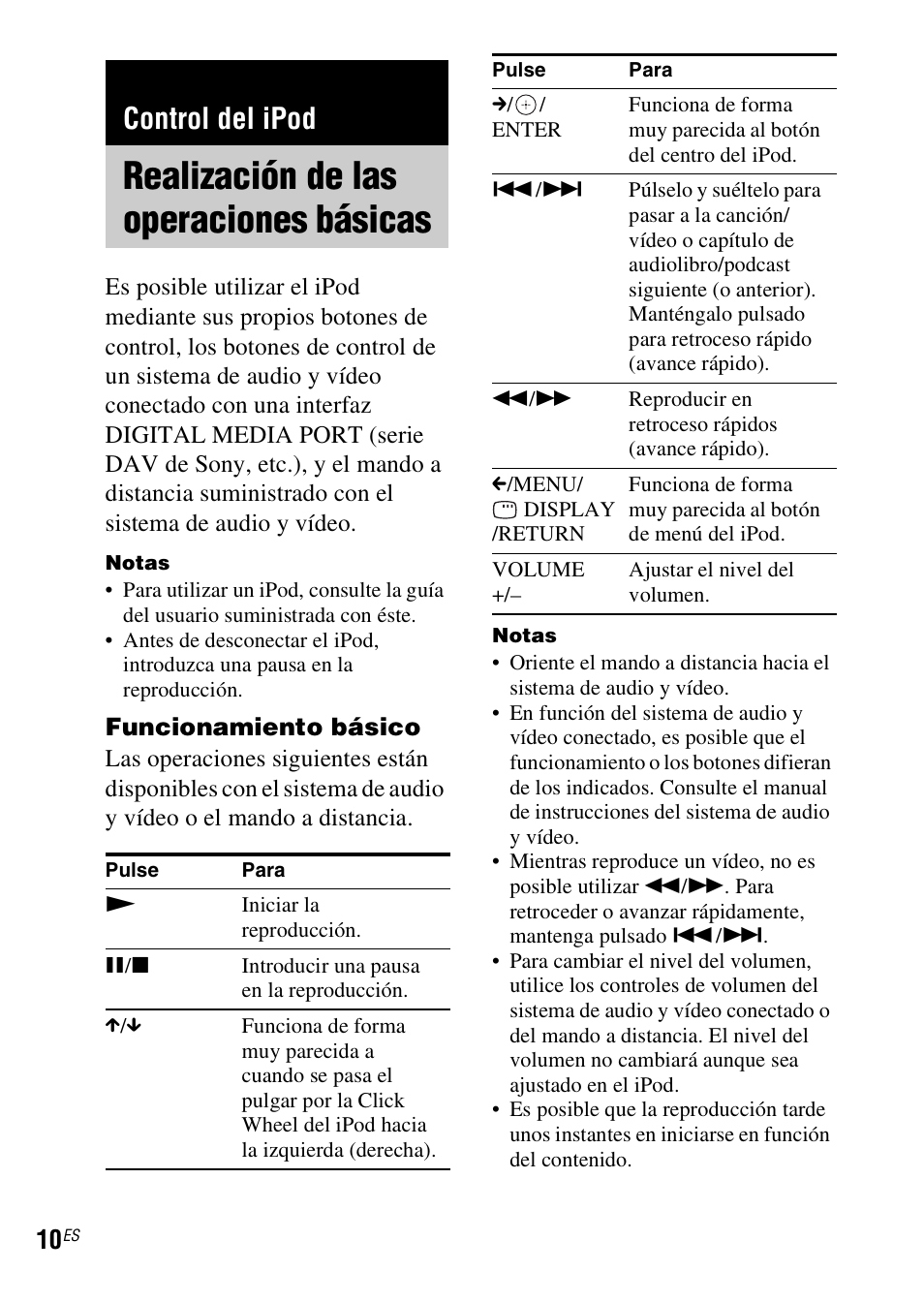 Control del ipod, Realización de las operaciones básicas, Realización de las operaciones | Básicas | Sony DAV-HDX279W User Manual | Page 34 / 40